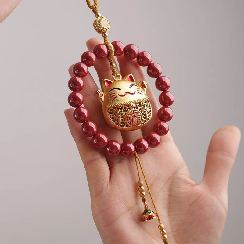 含辰砂工艺品朱砂 手串招财猫汽车挂件 后视镜挂饰H489(无礼盒)