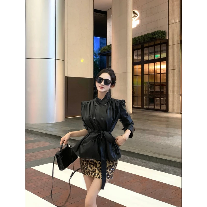 时髦伞形褶皱立领黑皮衣气质辣妹气质上衣短外套女豹纹吊带裙套装