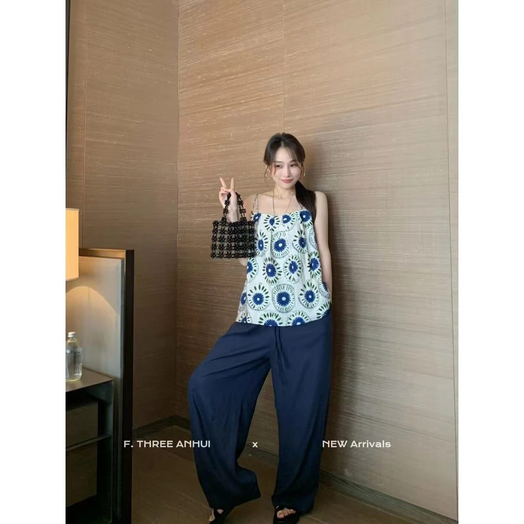 19595#三姐妹#(两件套)慵懒度假风吊带上衣+垂感休闲裤(福利)