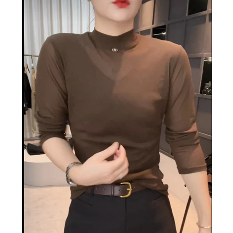 2025薄款修身显瘦打底衫女春秋欧货微透网纱百搭女上衣长袖t恤