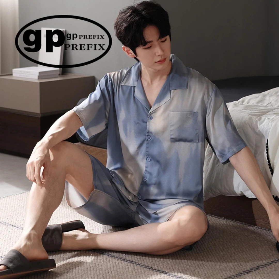 日本小众GP冰丝睡衣男士夏季短袖短裤高级感可外穿大码家居服套装
