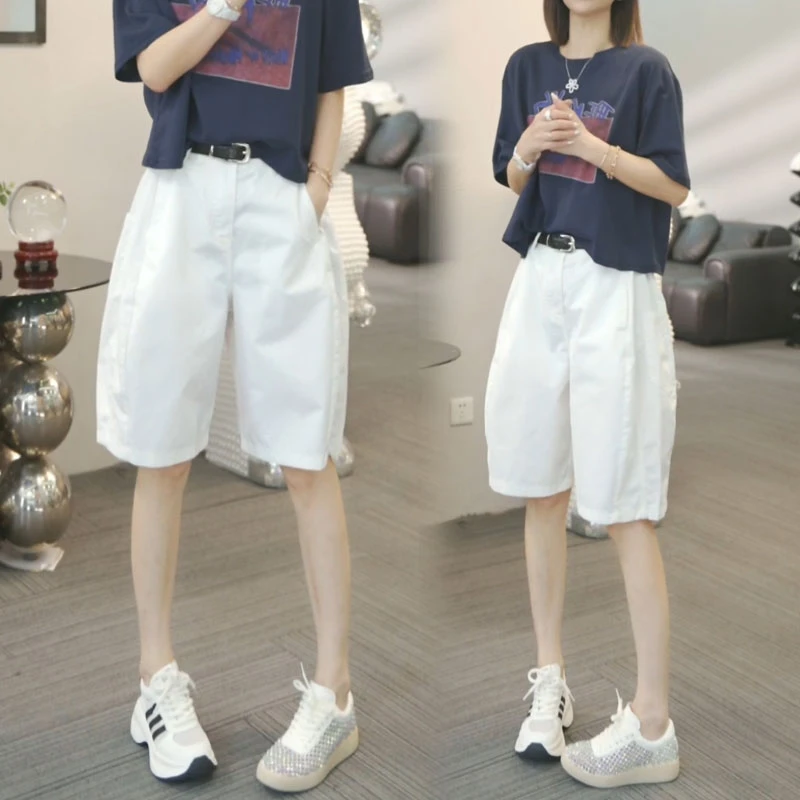 白色裤高腰五分阔腿裤百搭气球裤女夏季裤子百搭时尚宽松遮肉显瘦