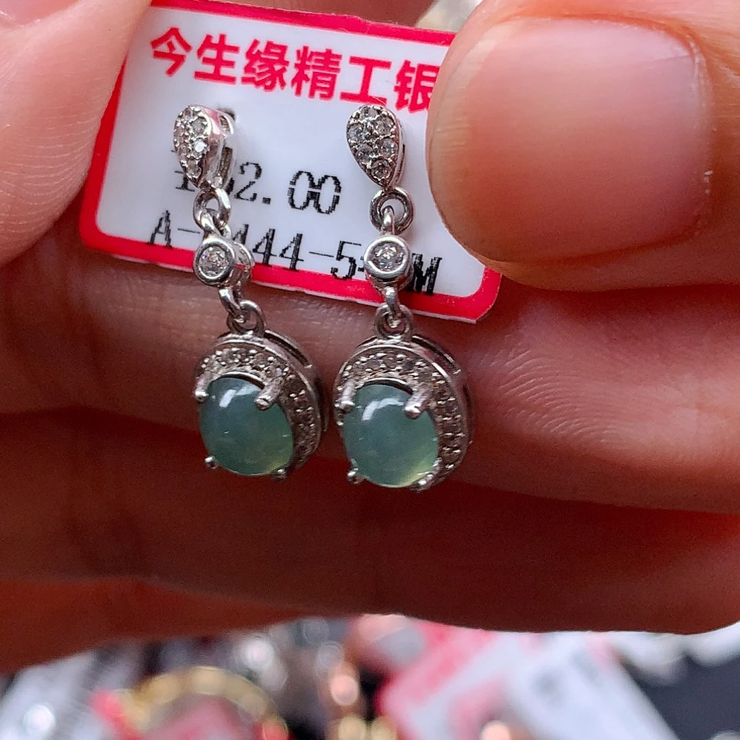 翡翠戒指银S925镶嵌天然翡翠耳饰