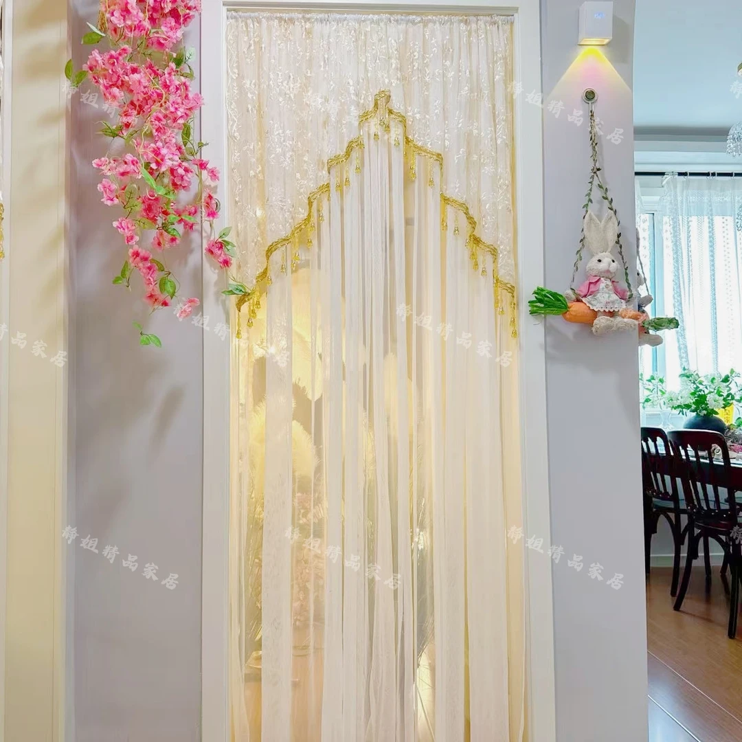 轻奢鎏金蕾丝纱帘香槟色流苏边碎免打孔安装隔断门帘纱帘布艺卧室