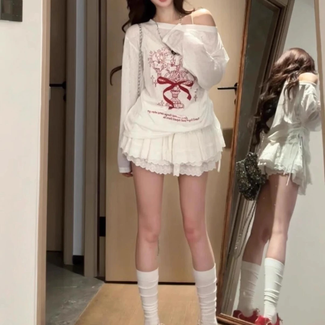 2025春新款涂鸦斜肩防晒罩衫女美式夏季薄款宽松慵懒长袖t恤上衣