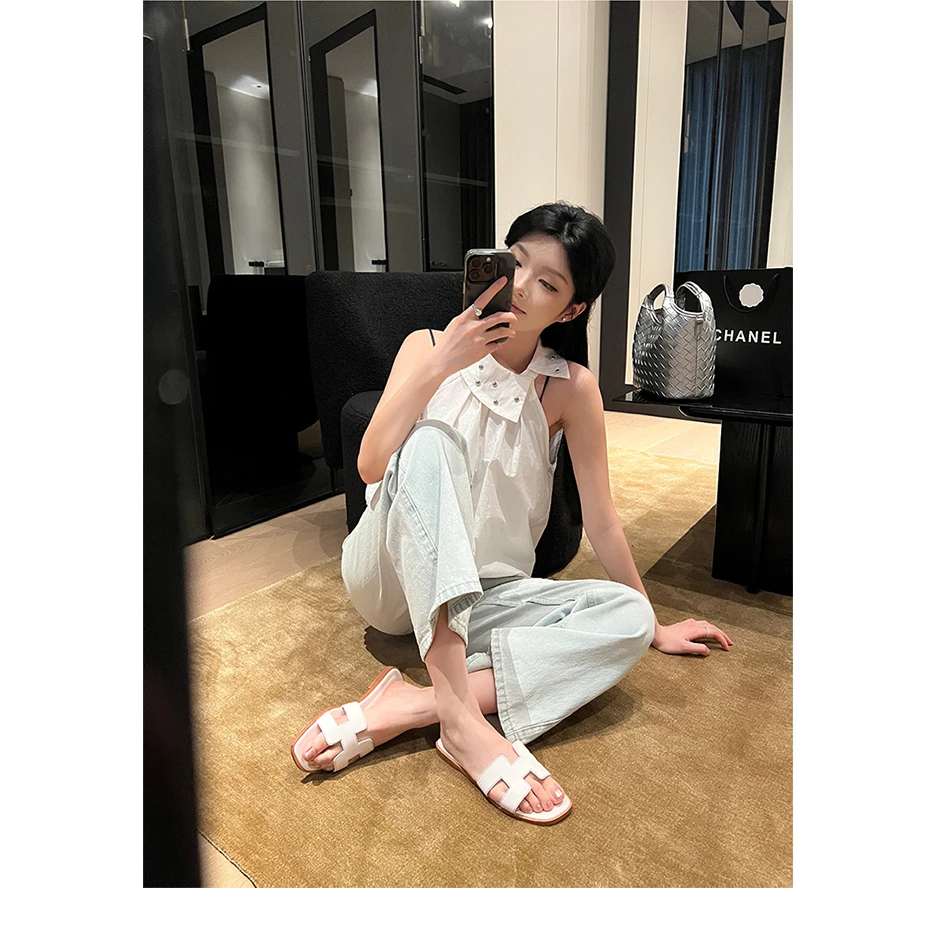 【大叔家】里外柔软羊皮一字拖鞋女夏外穿2025新款平底防滑凉鞋84