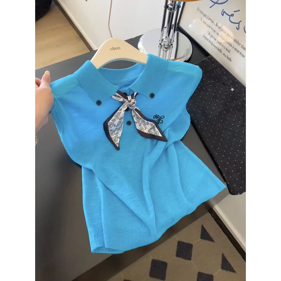 韩版夏季新款翻领丝巾无袖针织衫女设计感时尚百搭修身显瘦上衣潮