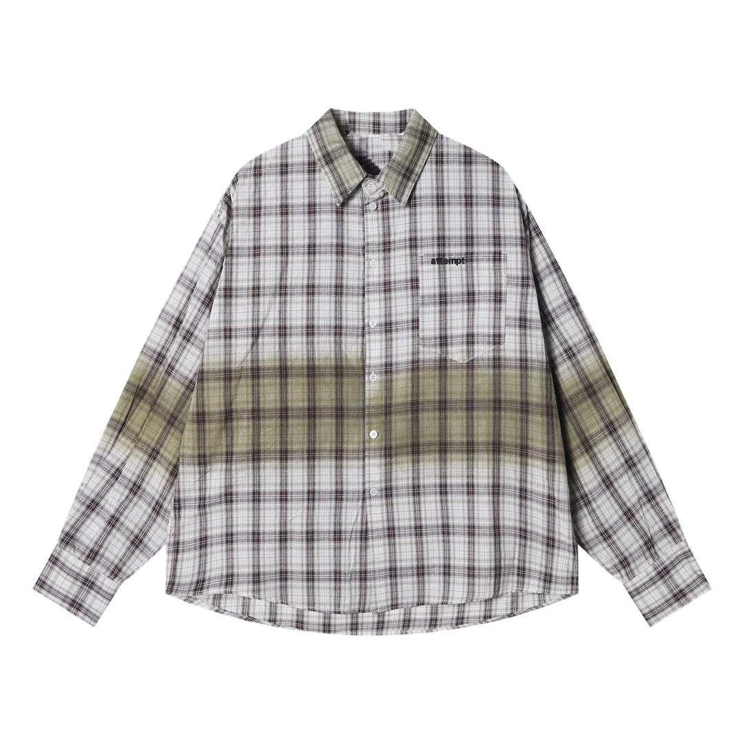 夏季高级感新款日系喷色渐变设计长袖衬衫刺绣字母宽松百搭衬衣