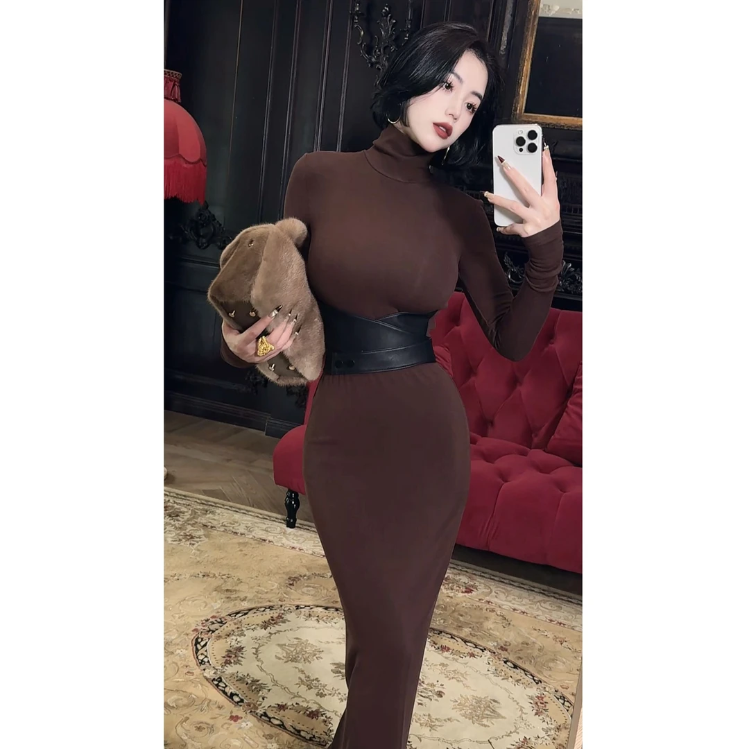 LYXJ【西部卡萨诺】高定针织连衣裙腰头拼皮收腰修身显瘦气质12543