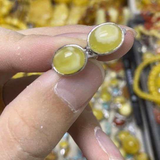 裸石蜜蜡银S925镶嵌耳扣