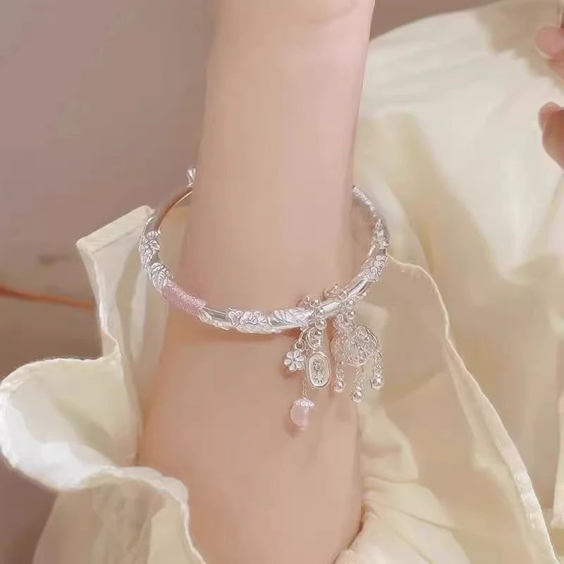 足银手镯 足银ketty 猫带锁繁花实心手镯可爱减龄设计款节日送人