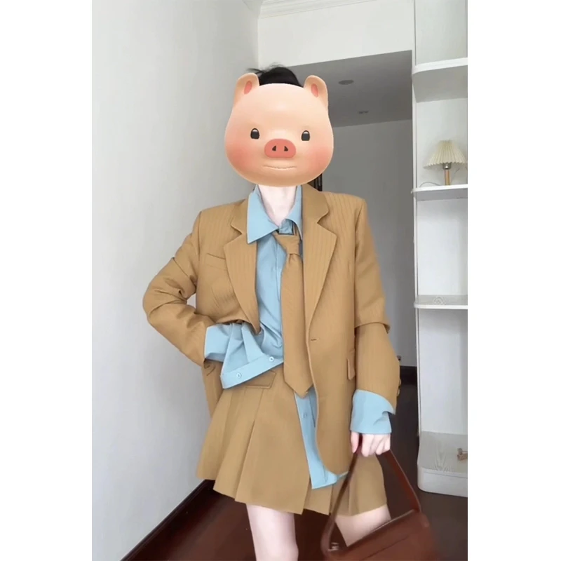 韩系职场穿搭女士秋季长袖条纹时尚休闲西装外套纯色排扣衬衫短裙