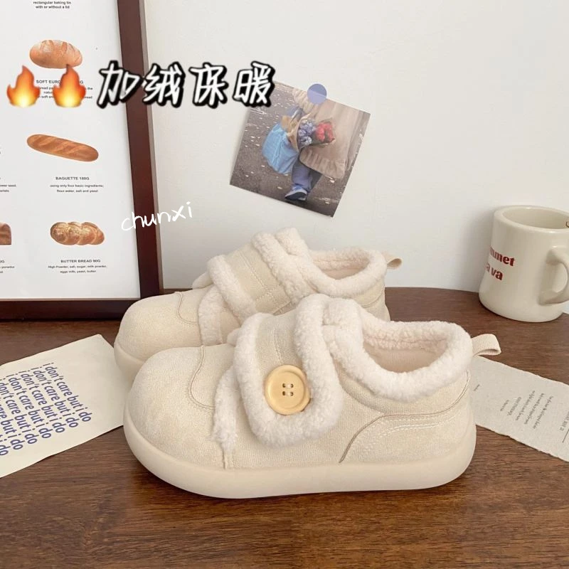 丑萌加绒魔术贴板鞋女冬季新款chic小众棉鞋保暖雪地靴学生小白鞋