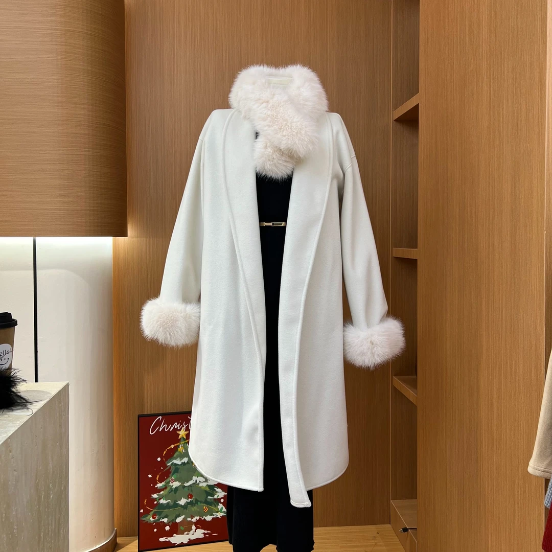 2025慵懒感秋冬时尚可拆卸毛毛绒长款双面呢大衣外套百搭