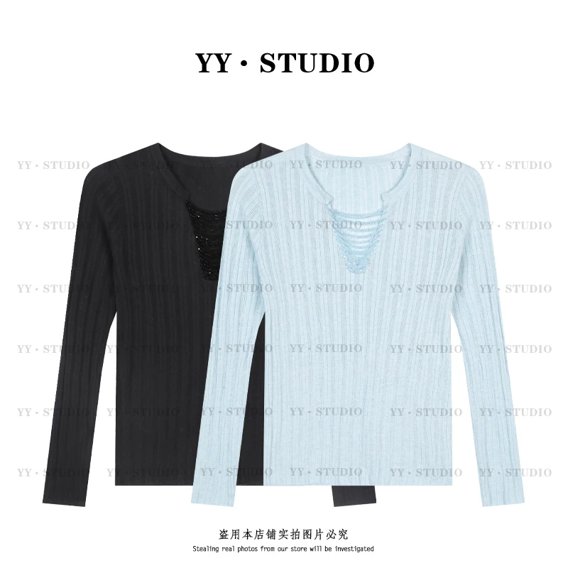 【YANYAN】春夏百搭纯色坑条钉珠长袖针织上衣YY-2373