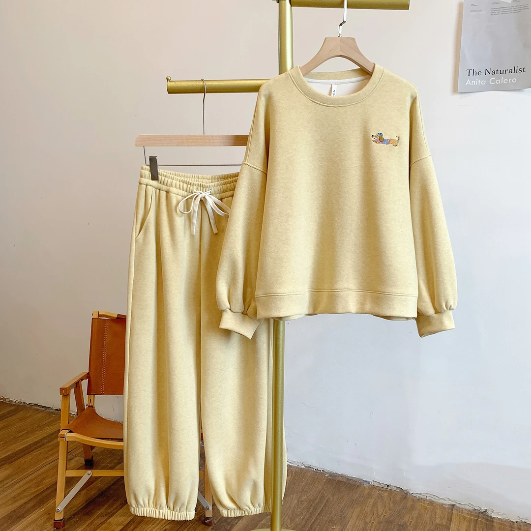 腊肠狗-黄 C4943刺绣小狗圆领卫衣松紧腰休闲裤套装