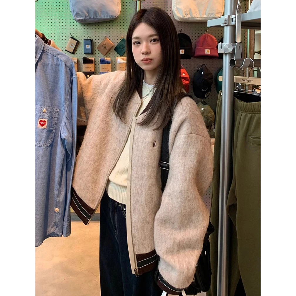 美式复古小众设计感毛呢外套女2025秋拉链棒球服夹克宽松百搭上衣