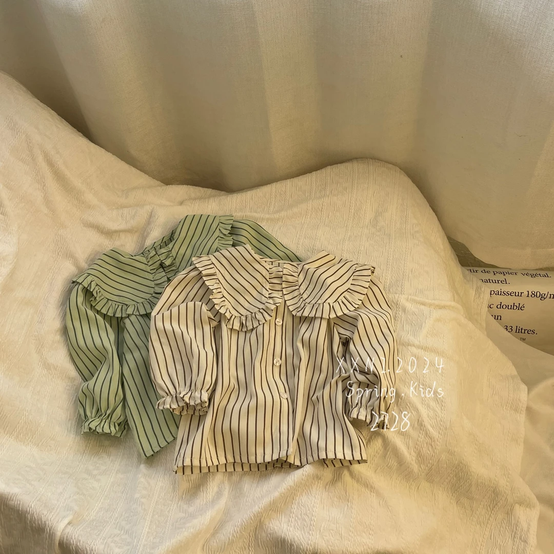 小熊妮女童春秋娃娃领条纹衬衫上衣 2728 杏咖条 绿条