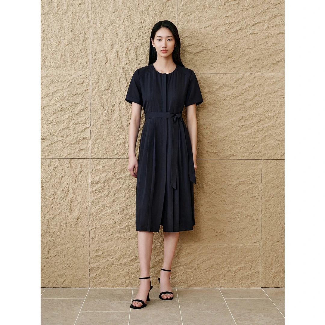 INSUN恩裳专选2025夏季亚麻天丝压褶通勤连衣裙9C65205250