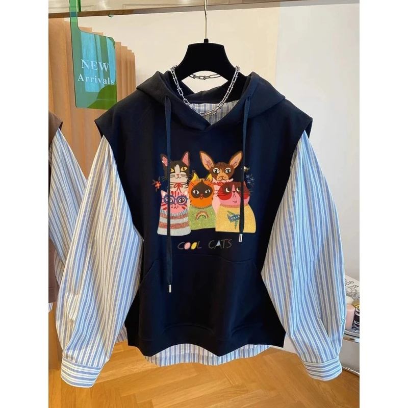 复古休闲300斤加大码卡通印花假两件卫衣初秋男女条纹拼接连帽衫