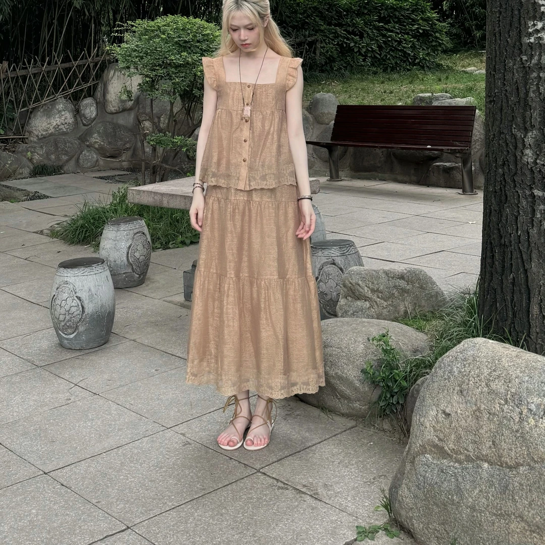 ishui-乌木碎金-复古新中式新国风小众夏肌理感气质小飞袖裙套装