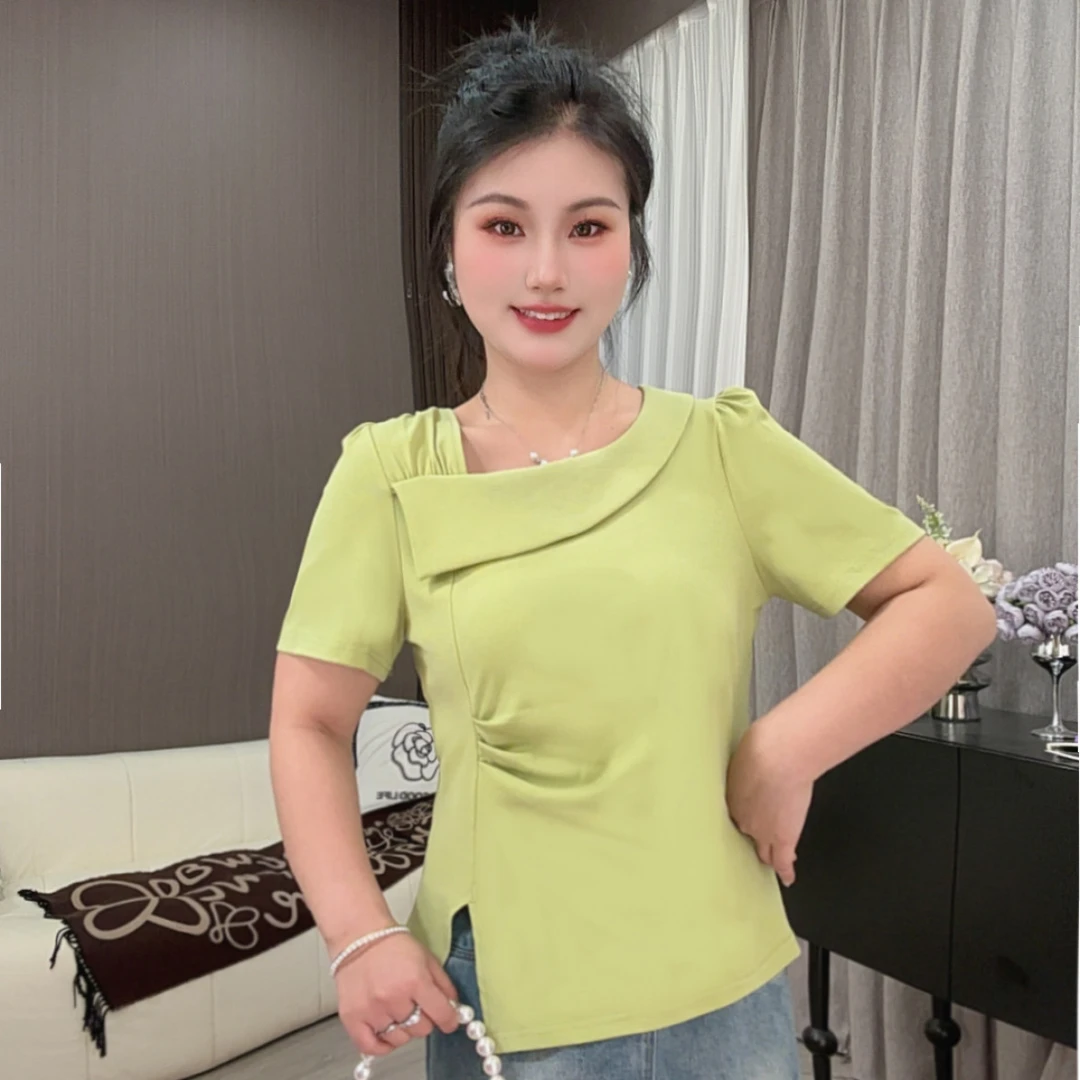 新款夏季时尚百搭正肩短袖显瘦胖MM不规则领口气质设计感上衣