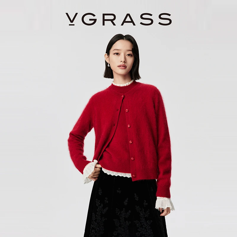 【一片云针织】VGRASS25冬季新款水洗拉毛山羊绒小圆领针织开衫女