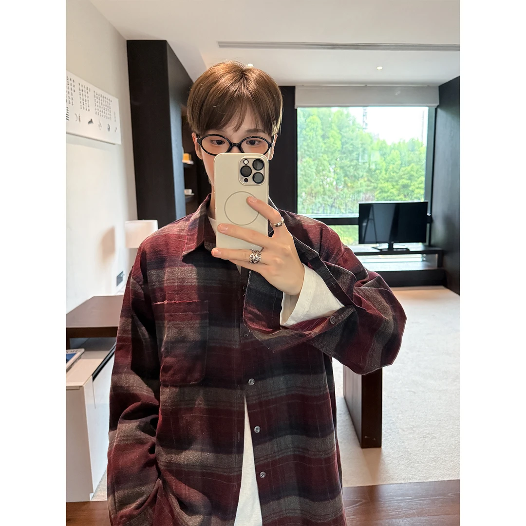 高林凡 做旧复古毛边宽松休闲百搭翻领磨毛格子衬衫秋冬衬衣