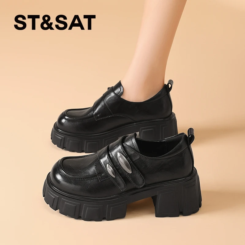 星期六黑色高跟乐福鞋女款2025新款秋季时尚女鞋百搭英伦风小皮鞋