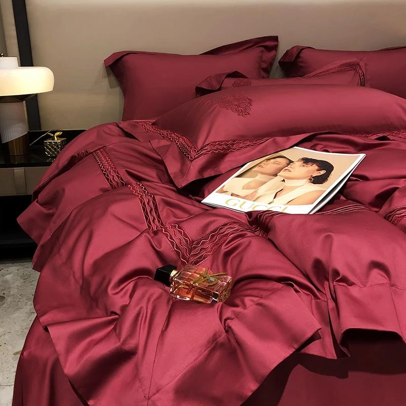 欧式120支长绒棉四件套全棉纯棉高端婚庆贡缎刺绣酒红色床上用品