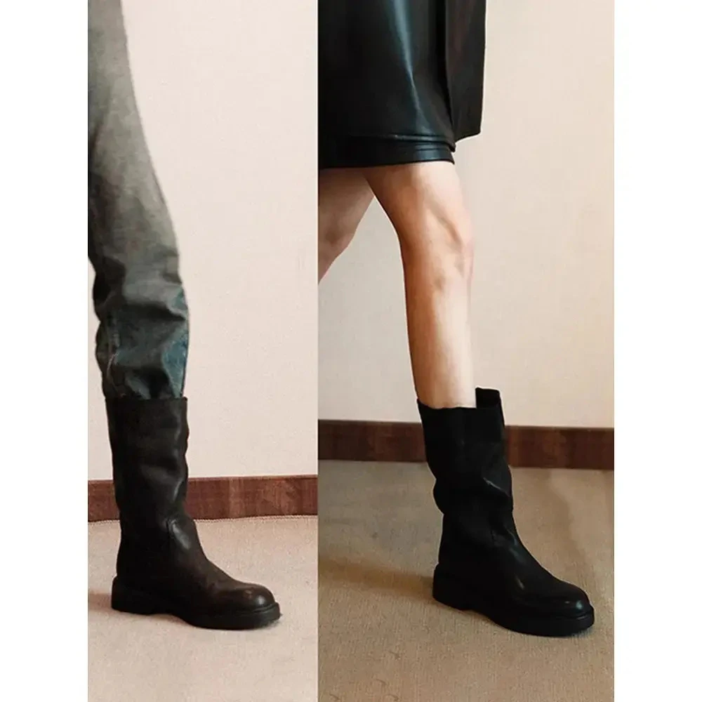 香港英伦风厚底烟筒靴女2025春秋季中筒显瘦中筒骑士靴瘦网红长靴