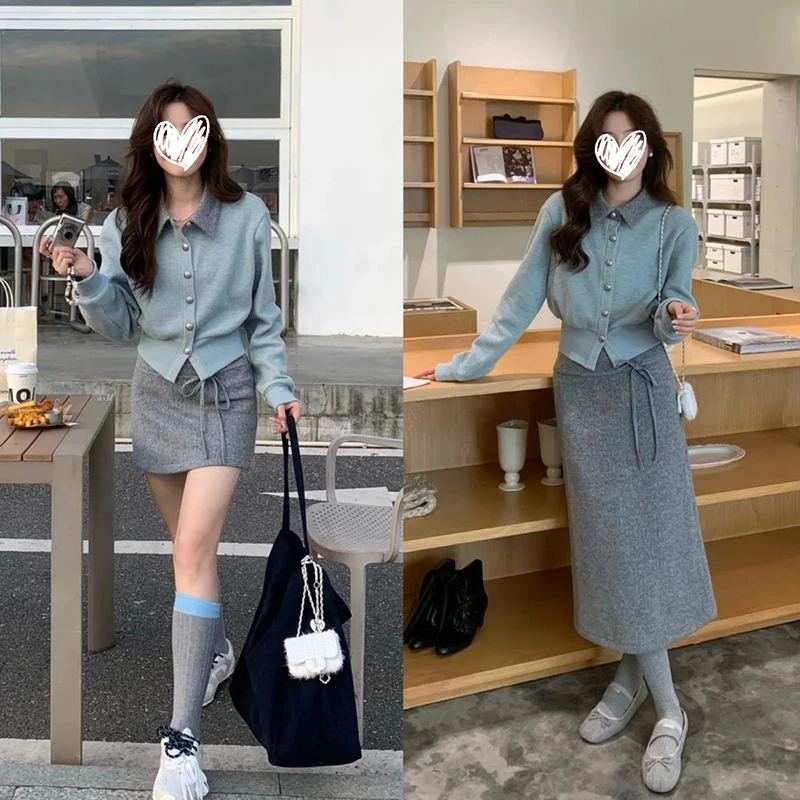 【江南美人半裙】韩系高智蝴蝶结系带长短半裙假两件针织上衣套装