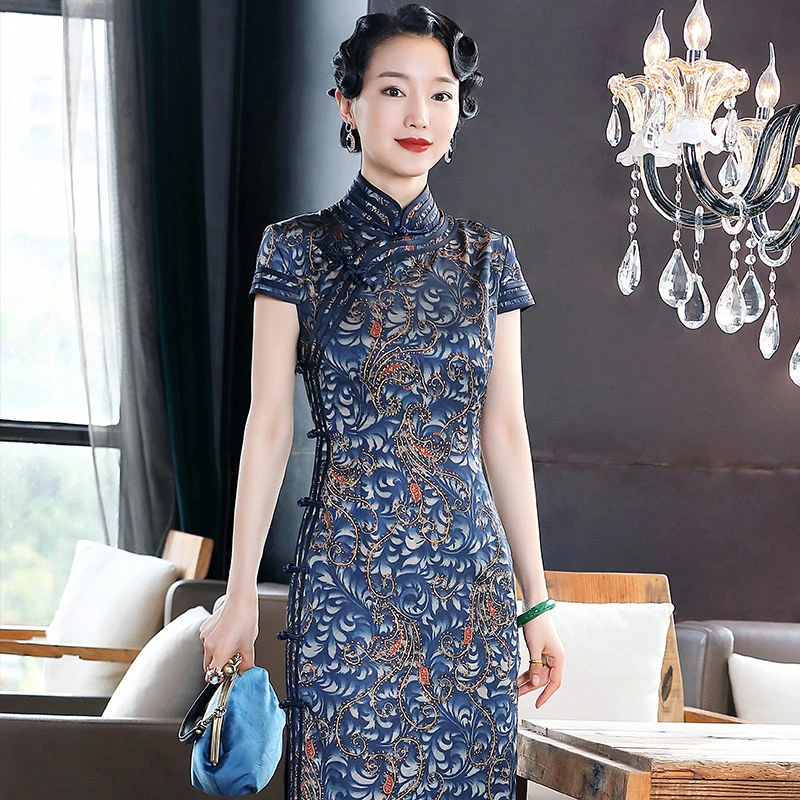 [千蚕云锦]中式端庄优雅妈妈旗袍夏季新款中国风复古连衣裙20651