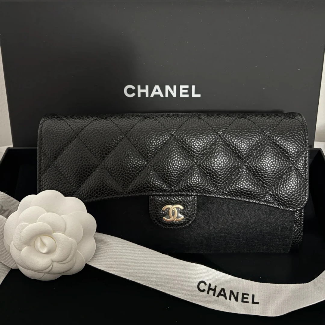 99新 Chanel/香奈儿 Chanel黑金荔枝纹长款钱包 25060104-02