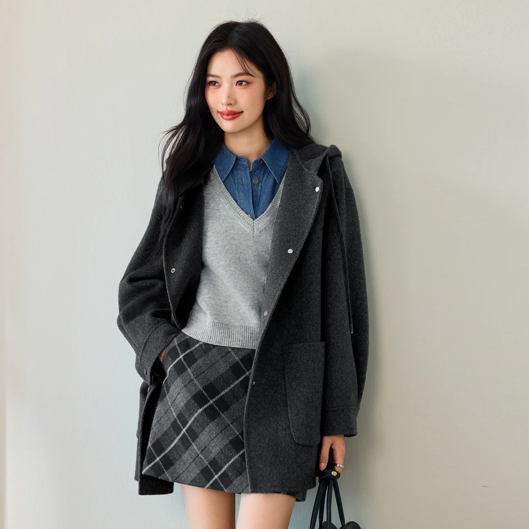 【衣衣专属】伊芙丽学院风连帽中长毛呢外套女2025冬新1G9970891