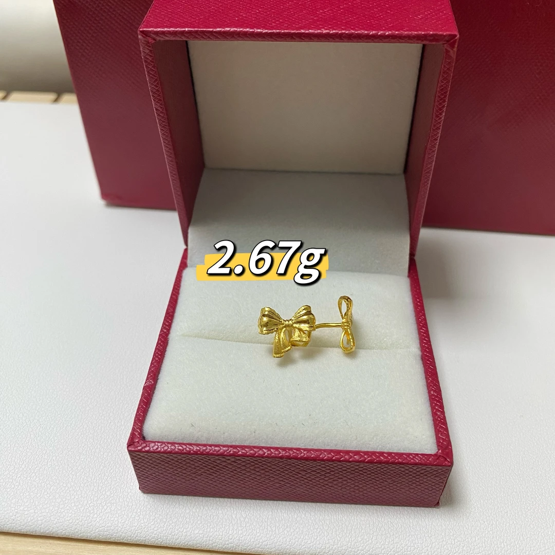 黄金蝴蝶结耳钉足金弯针