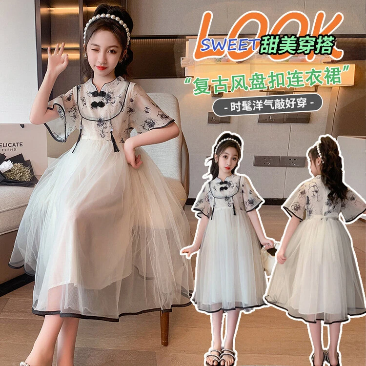 爆款裙子女童连衣裙夏季潮流新款中式水墨画女中大童公主裙儿