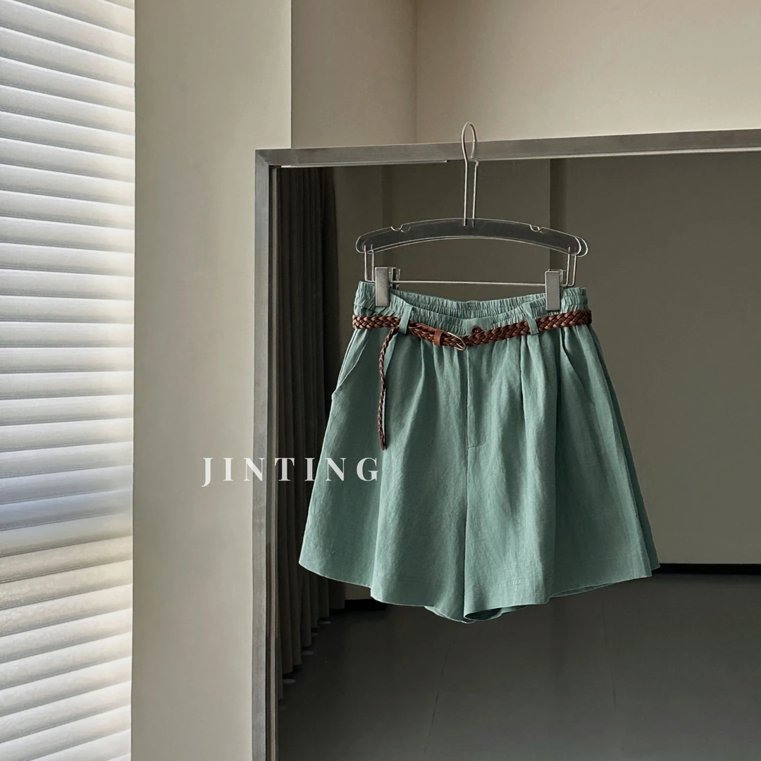今婷韩系时尚百搭气质休闲复古纯色优雅自带腰带短裤-M25212418