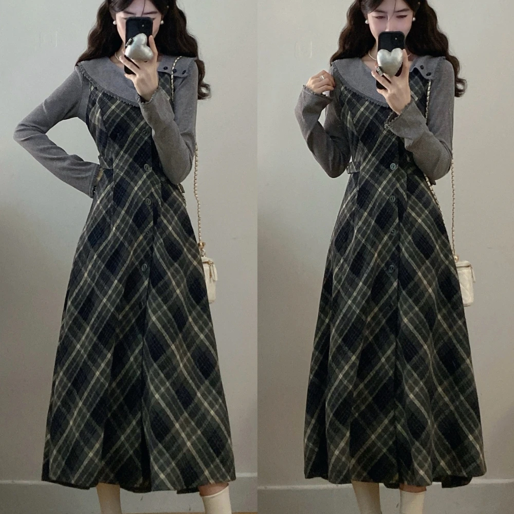 法式复古格子连衣裙女2025秋冬新款气质A字长裙针织打底衫两件套