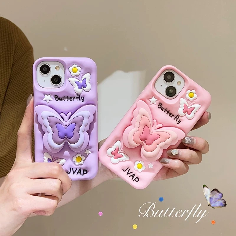 【适用苹果华为】女款支架蝴蝶结iPhone17P可爱卡通立体硅胶手机壳