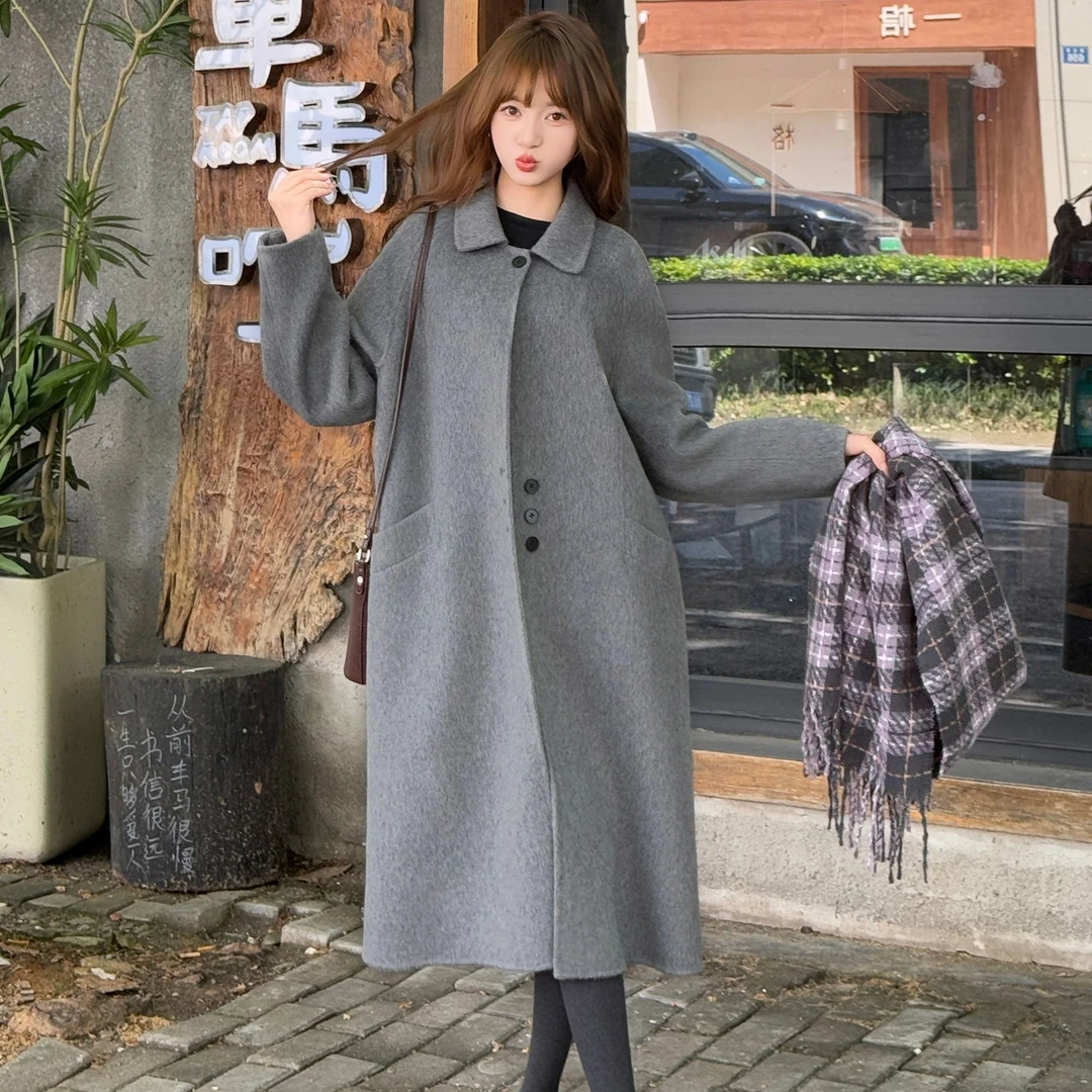 25912 秋冬温柔风娃娃领简约时尚羊毛大衣女宽松长款外套