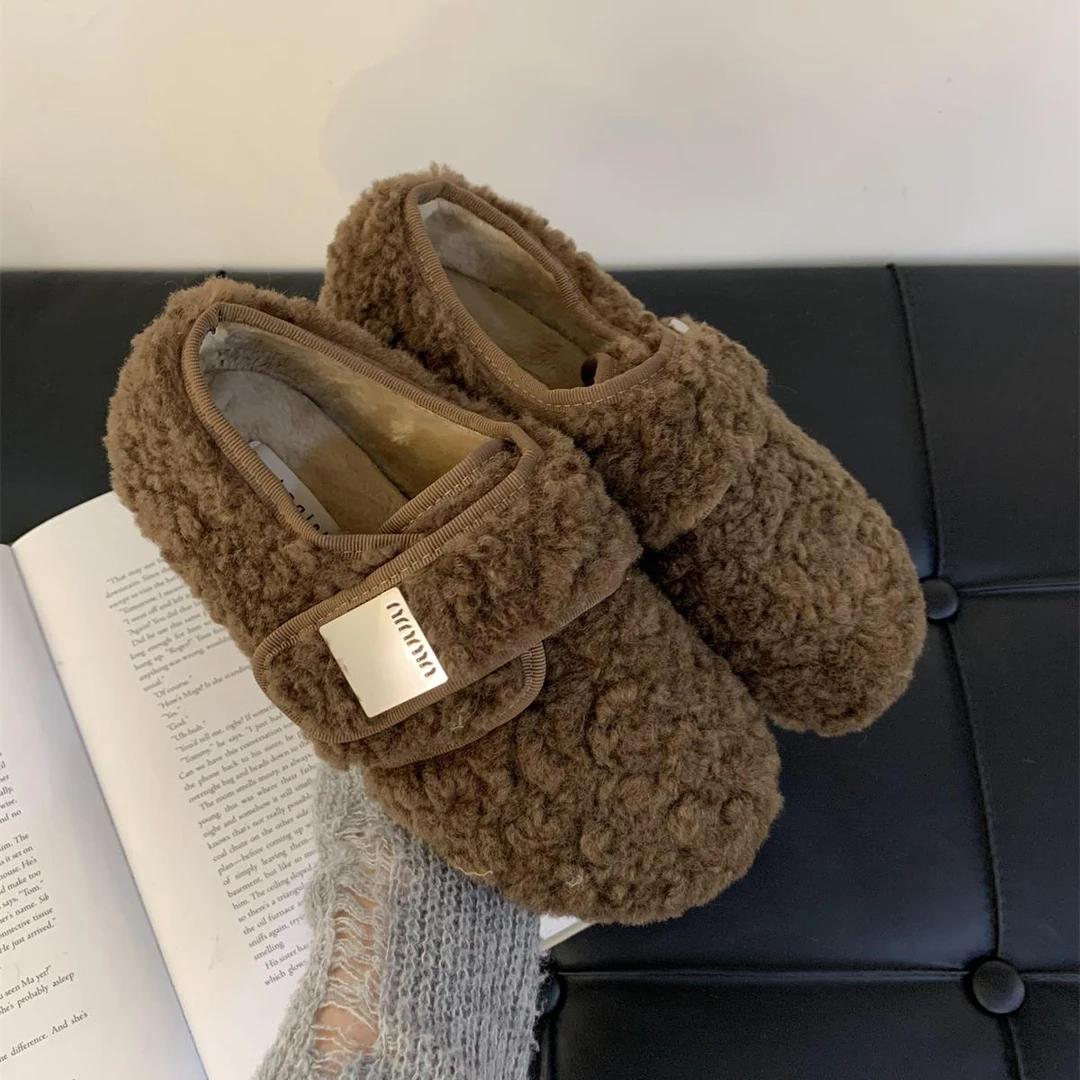 法式小众金属扣羊羔毛毛鞋女秋冬外穿加绒保暖软底魔术贴休闲单鞋