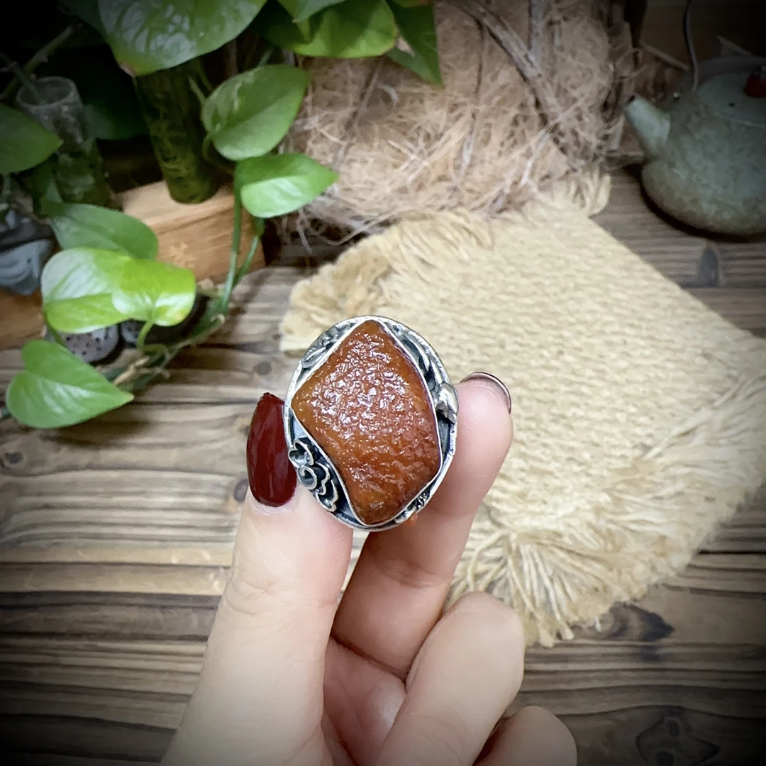 【古香古色】复古s925银蜜蜡琥珀戒指（开口可调节）