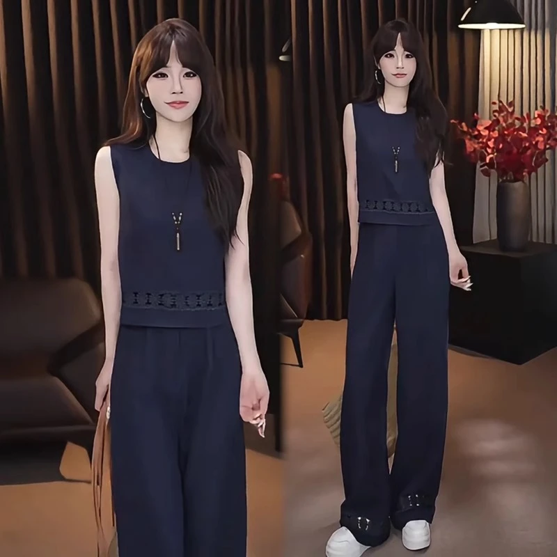 拉夏贝尔夏季新款时尚套装韩版气质减龄显瘦无袖上衣阔腿裤两件套