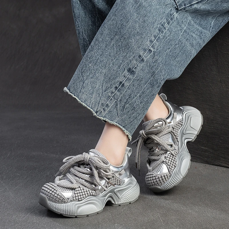 春新款真皮网面运动休闲鞋轻便厚底老爹鞋高端头层牛皮女鞋65123