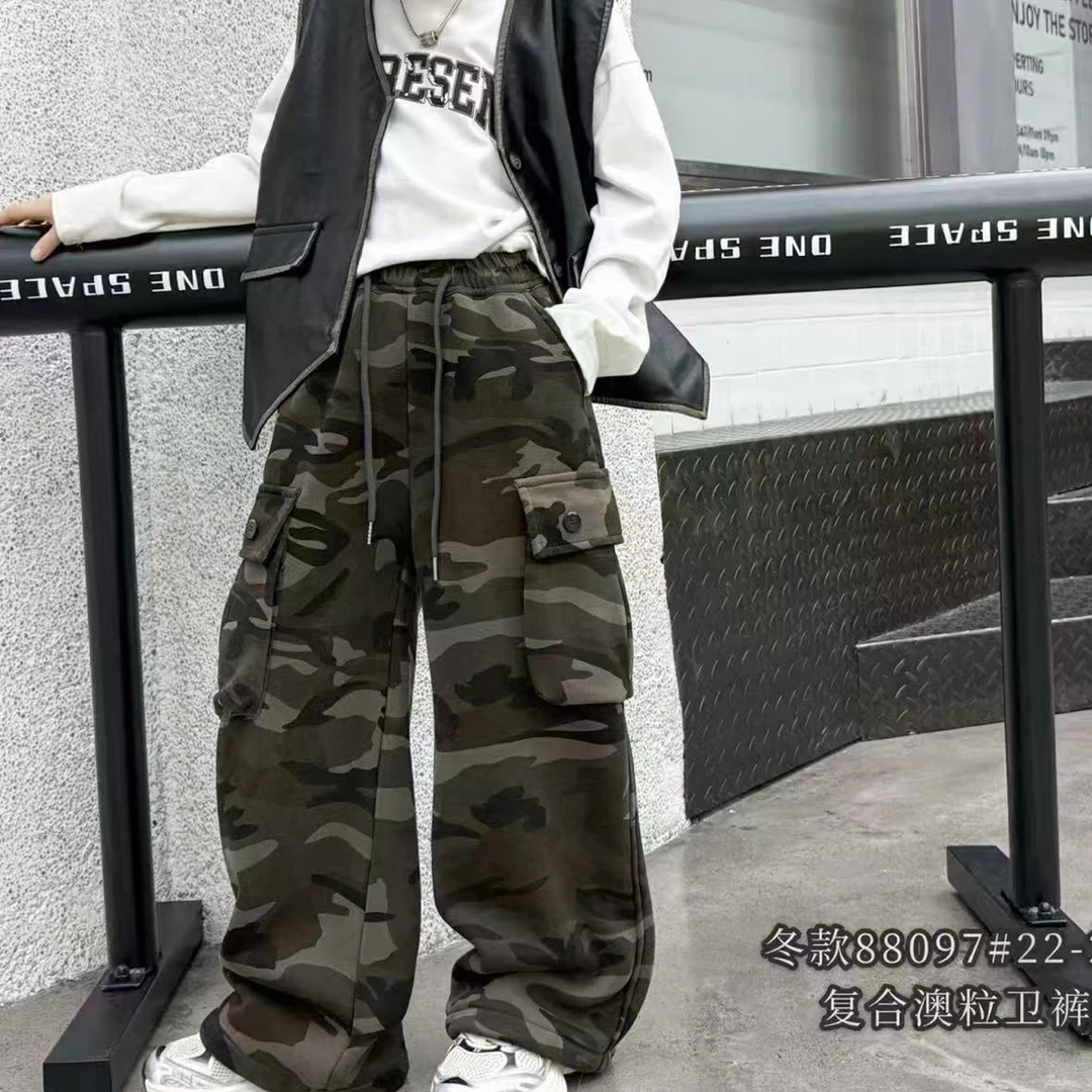 男女童直筒迷彩卫裤加绒