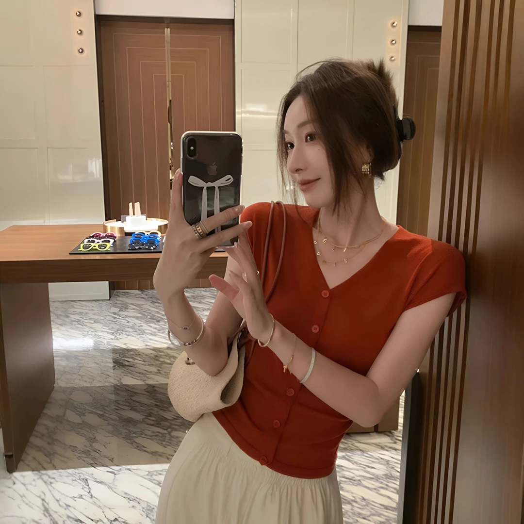 百搭修身纯色毛针织衫短袖上衣女短款时尚设计感夏季显瘦气质高腰