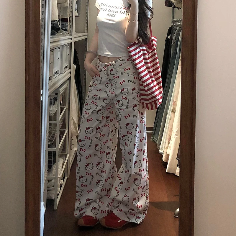 大码高个子白色百搭显瘦牛仔裤女夏季新款复古卡通猫咪印花阔腿裤