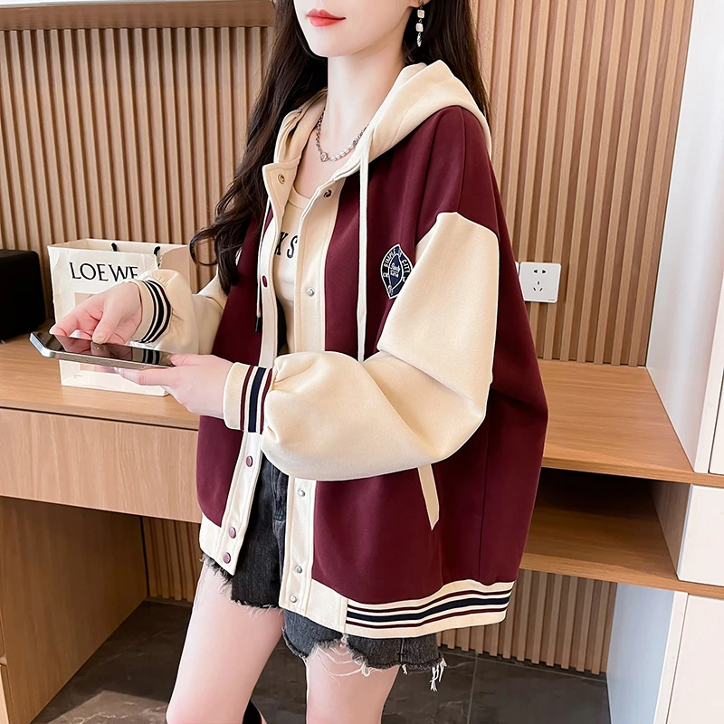 2024拼色棒球设计开衫外套连帽宽松韩版新款学生卫衣女长袖上衣潮