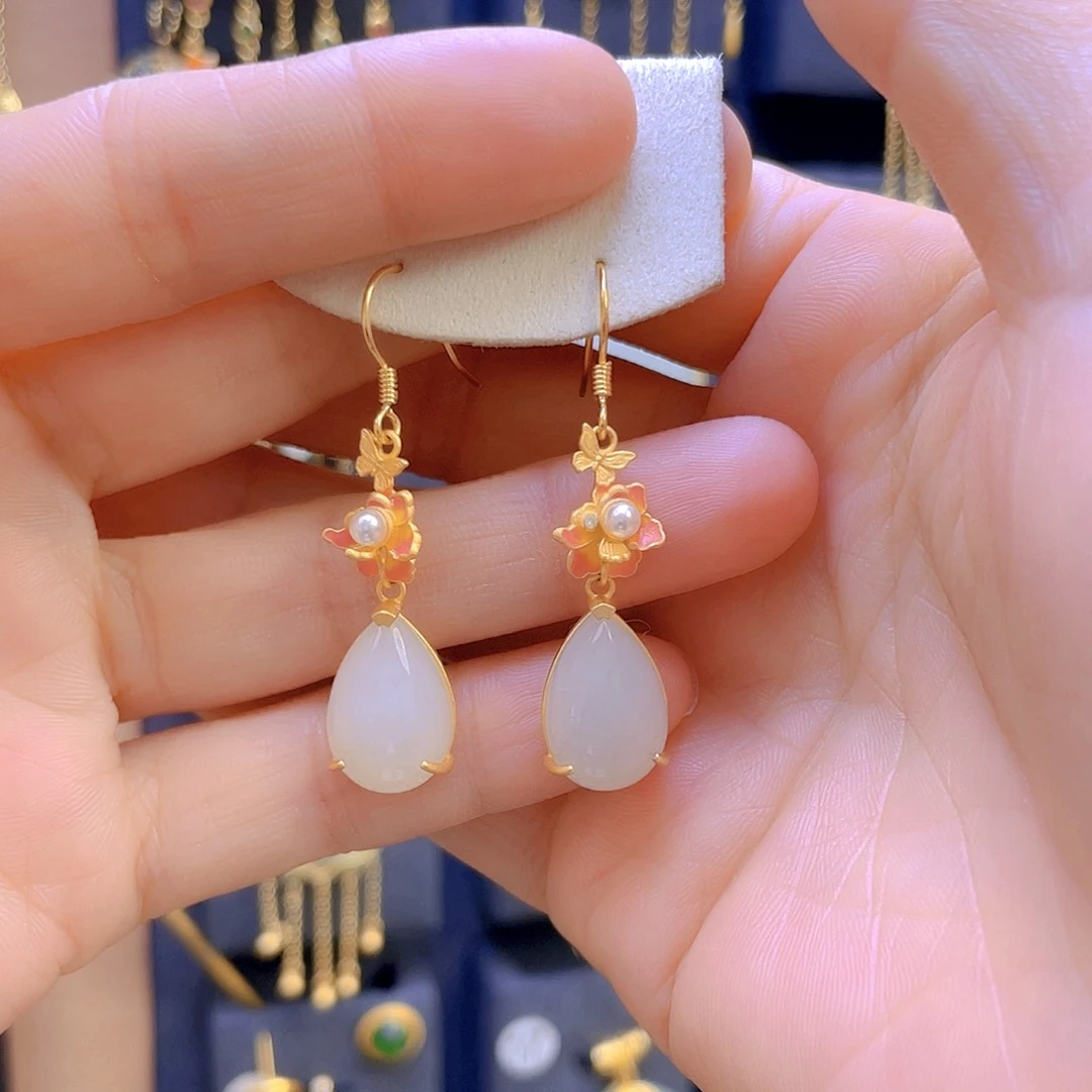 和田玉耳饰银S925镀金镶嵌